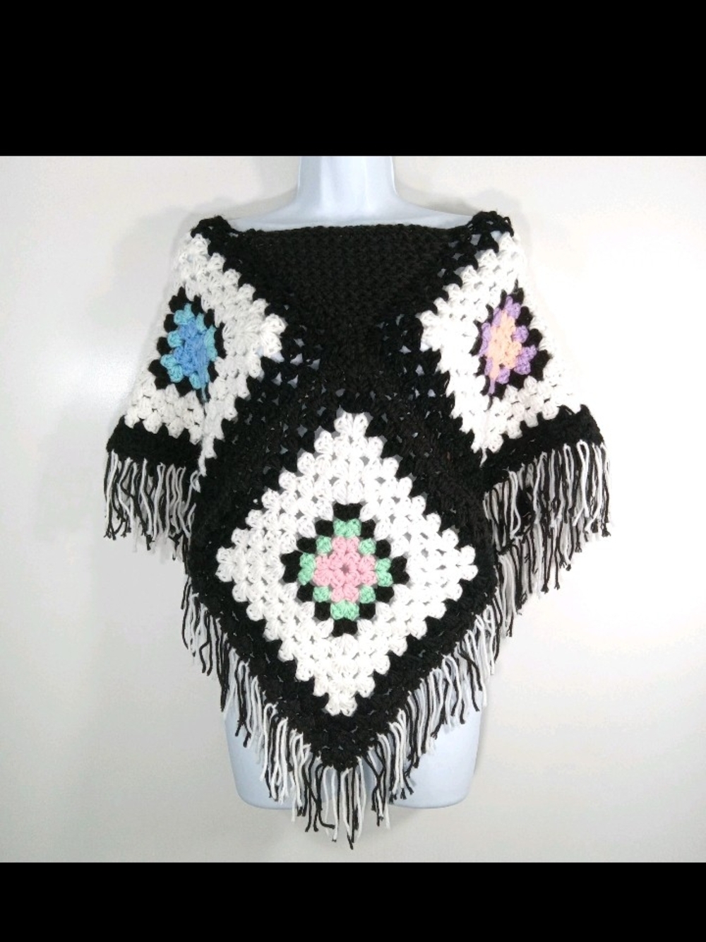 Vtg Handmade Black & White Crochet Poncho with Pastel Accents